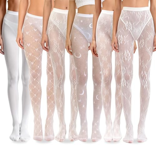 Rudfovn 6 Pcs White Lace Tights, Patterned Floral Tights for Women