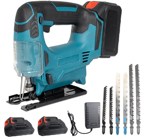 JIMACRO 3 Velocidades Sierra de Calar, Inglete ± 45° Sierra de Calar Eléctrica con 2 * 1500mAh Batería, 6 Hojas de Sierra, Caladoras Madera para Cortar Metal Madera Plástico (con batería)