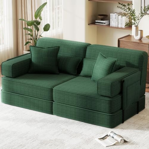 Boneless Sofa, 190cm 5-in-1 Convertible Corduroy Modular 2-3 Seater Sofa Bed with Storage & 4 Pillows, Floor Futon Couch for Living Room Bedroom, Green