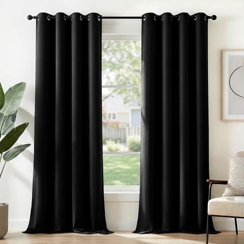Deconovo Opaque Blackout Eyelet Curtains, 290 x 140 cm, Black, Set of 2