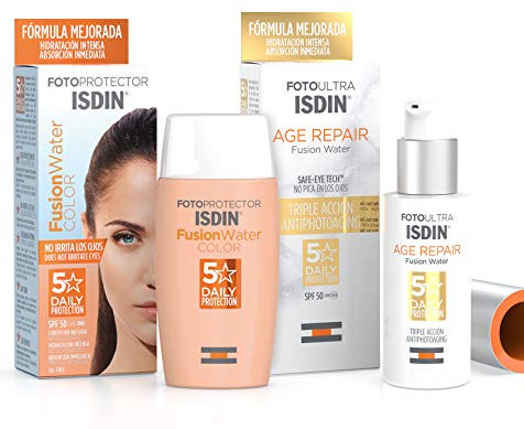 Isdin Foto Age Repair Fusion Water SPF 50 - Protector solar facial de fase acuosa, 50 ml + Fusion Water COLOR SPF 50 - Protector solar facial de fase acuosa con color para uso diario, 50 ml