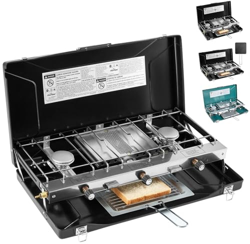 FineFlame Campingkocher 3 Brenner 20400 BTU Propan Tragbarer Kocher mit Regler, Toastschale, Windschutzscheibe für Auto Camping BBQ Picknicks Outdoor Kochen Camping Gaskocher
