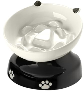 Y YHY Ceramic Cat Slow Feeder, Elevated Dog Food Bowl Tilted Design, Slow Feeder Bowl no Black Chin, Cat Shape for Dry and Wet Food