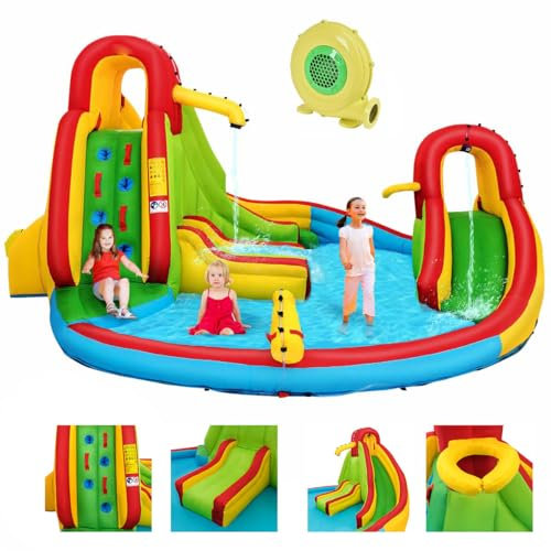 GOPLUS Château Gonflable Aquatique Extérieur, Château Gonflable pour Enfants en, Toboggan Aire de Jeux Gonflable avec Piscine,Mur d’Escalade,Pistolet d’Eau, 420x420x233cm (avec Souffleur 680W)
