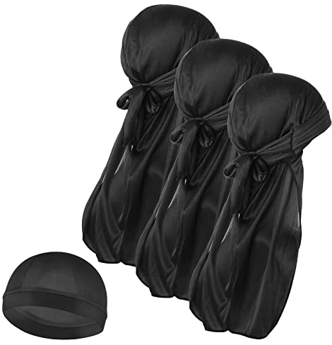 Molain Lot de 3 Bonnets Cheveux OnduléS en Soie pour Homme et 1 Bonnet de Durag Soyeux avec Longue Queue éLastiques Doux et Respirant Parfait pour Les Vagues 360/720 Noir Taille Unique