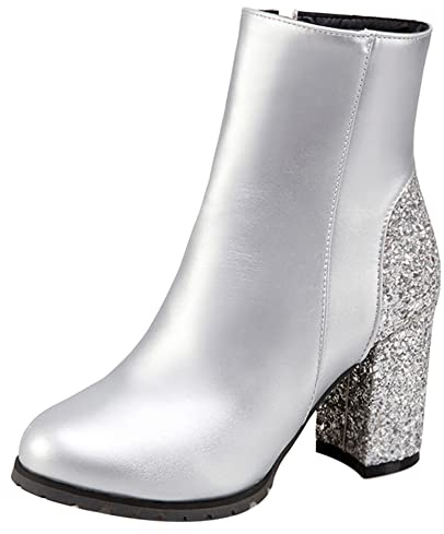 Lroey Reoly Botines Mujer Tacón Ancho, Botas de Fiesta Tacón Alto Punta Rojoonda Botín Zip Lentejuelas 014 Plateado Talla 48 EU