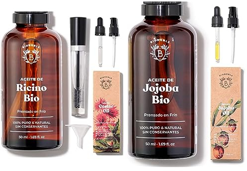 Bionoble Rizinusöl Bio 50ml & Jojobaöl Bio 50ml - 100% Rein, Natürlich und Kaltgepresst - Gesicht, Körper, Haare, Bart, Nägel - Vegan und Cruelty Free - Jojoba Oil - Glasflasche + Pipette + Pumpe