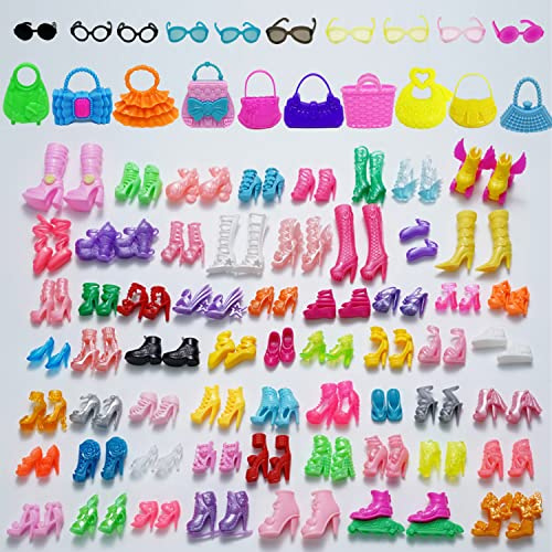 70PCS Doll Accessories 50 Pairs Doll Shoes 10 Handbags 10 Doll Glasses Replacement Fashion Playset Accessories Different Assorted Colors High Heel Boots Sandals for 11.5 Inch Girl Dolls