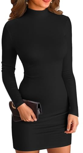 VICHYIE Women Dress Mock Neck Bodycon Ribbed Long Sleeve Fall Mini Black S