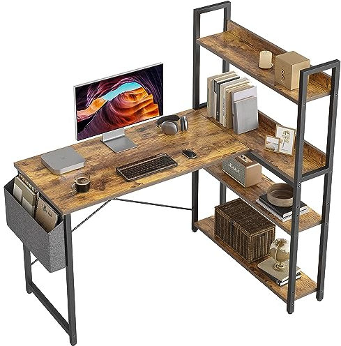 CubiCubi Schreibtisch mit Regal,Eckschreibtisch für Heimbüro,Kleiner L-förmiger Computertisch mit Ablagefächern,Bürotisch mit Aufbewahrungstasche, 120cm Braun.