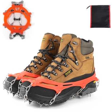 Steigeisen für Bergschuhe mit 10 Zähne Verdickte Schuhkrallen aus Edelstahl Anti-Rutsch Schuhspikes für Mann Frau Erwachsene Kinder Fit für Wandern Trail Running Trekking (Orange)