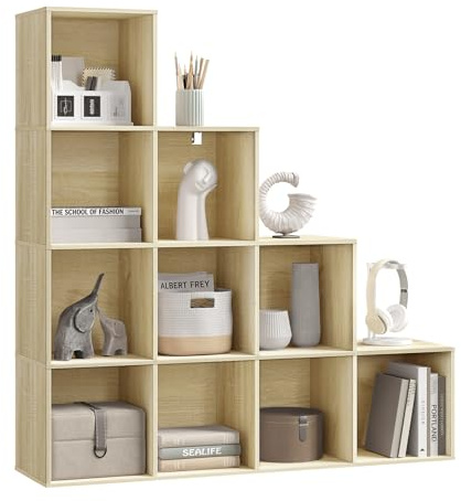 WOLTU Bücherregal mit 10 Fächern, Regal offen, Würfelregal Stufenregal für Deko, Fotos, Pflanzen, Wohnzimmer Schlafzimmer Büro, Helle Eiche, 120x120x30 cm