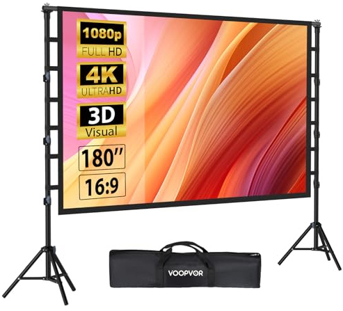 180 Inch Outdoor Projector Screen with Stand: VOOPVOR Portable Projection Screen and Stand, Indoor Rear Front Movie Screen 16:9 4K HD, with Carry Bag, Height Adjustable for Home Theater RVs Camping
