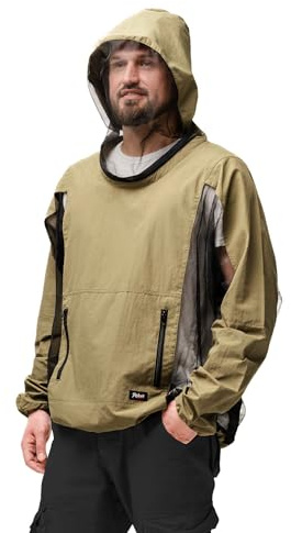 Relexit Mosquito Jacket, Durable Bug-Proof Jacket with Adjustable Hood & Pocket, Summer Mosquito Suit Outdoor Proof Clothing Khaki M