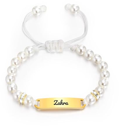 Gamtic Personalized Baby Name Bracelets - Custom Engraved Pearl Pink Crystal Beads Bracelet for Kids Infant Girls Boys New Born Toddler Birthday Gift Adjustable, Baby Christening Gift (White)