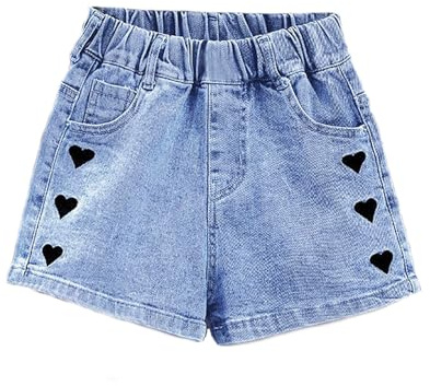 es-uk Short en jean pour fille - Taille élastique - Décontracté - Avec poches - Nœud brodé - Cœur et fleurs - 4-10 ans