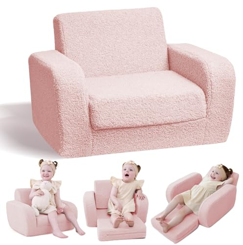 KidBloom 3-in-1 Toddler Couch, Toddler Chairs Comfy 1-3 Years Old, Kids Plush Sofa Chair, Mini High Resilience Foam Couch Bed Fold Out for Kids