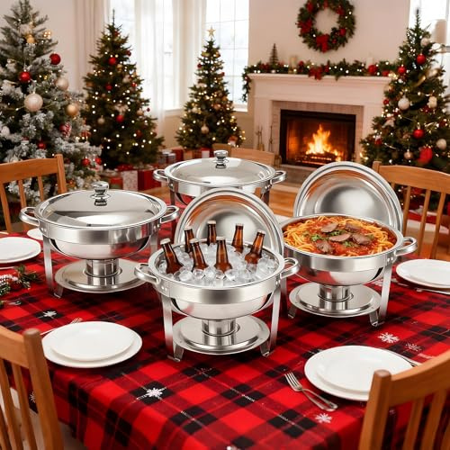 WUDLEP 4 Pcs 6.5L Chafing Dishes Set, Round Catering Food Warmers with Lids, Stainless Steel Buffet Serving Plates for Parties, Christmas, Events, Wedding, Dinner