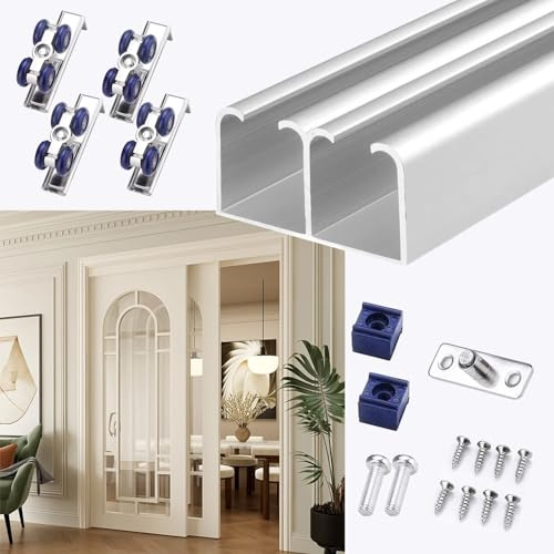HWLL Kit Puerta Corredera Unidad de Sistema de Riel Doble para Puerta Corrediza Bypass, Kit de Herrajes para Puertas de Granero de Dos Puertas, Mecanismo de Reemplazo(Silver,110cm(43.3in))