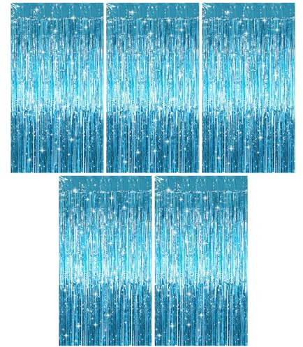 Xyvor 5 Stück Lametta Vorhang Blau, 1mx2m Glitzer Vorhang Geburtstag