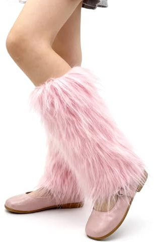 Furry Leg Warmers for Kids 6-10 Years Old, Faux Fur Kids Boot Covers Costume Winter Leg Warmers Fluffy with Lining Winter Fashion Essential Elastic Furry Boots Cuffs for Costume Party (Pink, 9.8 IN)
