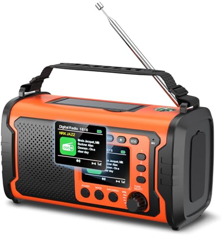 Radio di Emergenza DAB+/FM 20000mAh con Powerbank – Radio Solare e a Manovella con Bluetooth 5.3, SOS, Torcia e Luce Lettura per Campeggio e Blackout（Arancione）