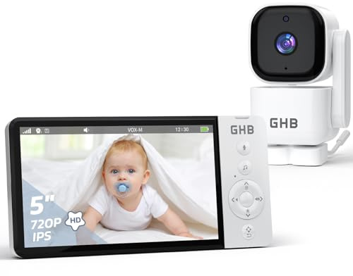 GHB Babyphone mit Kamera 5 Zoll IPS-Display 350° Rotation 5000 mAh VOX 4-Fach-Zoom Nachtsicht Raumtemperatur-Anzeige Zwei-Wege-Audio 720