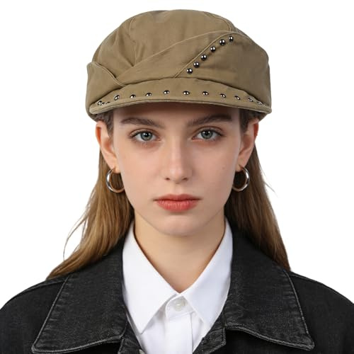 Casquette plate rétro à rivets - Avec visière - Design irrégulier - Newsboy Cabbie - Bonnet ballon - Béret - Chapeau d'été - Bonnet pour femme et fille, kaki, taille unique