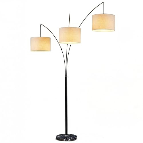 Brightech Trilage Arc Floor Lamp - Large Standing Lamp with 3 Fabric Shades & LED Bulbs for Living Room Over the Sofa, Reading, Multi-Head Traditional Tree Floor Lamp for Bedroom - Black