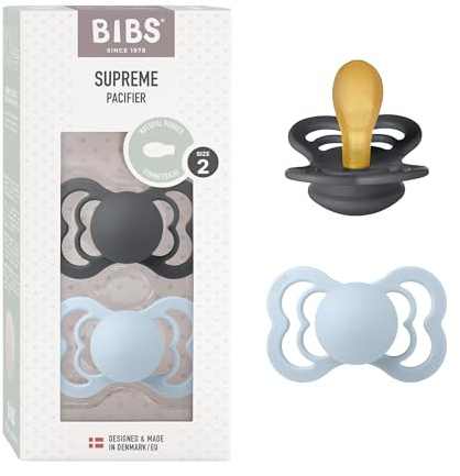 BIBS Supreme Soother 2-Pack, BPA Free Dummy Pacifier, Symmetrical Nipple. Natural Rubber Latex, Size 2 (6-18 Months), Iron/Baby Blue