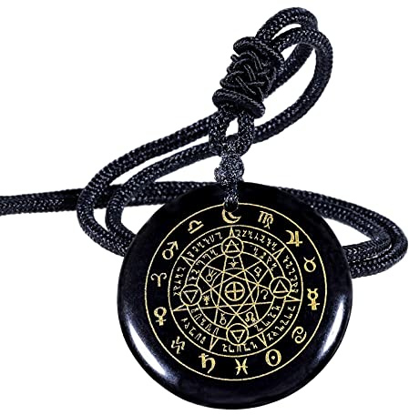 Nupuyai Engraved Amulet Obsidian Necklace for Men Women, Talisman Healing Crystal Round Stone Pendant with Adjustable Rope 46-62cm, Zodiac Signs