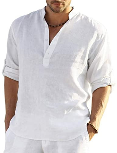 PADOLA Hombre Camisas Lino T-Shirt Suelta Manga Larga Casual Top Color Sólido Camisa de Verano Regular Fit Respirable Henley Camisas Casual