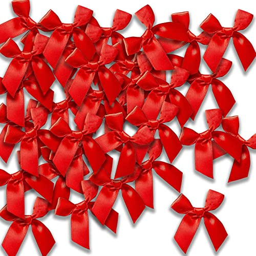 48 Pezzi Mini Fiocchetti, Fiocchetti Rossi Raso, Fiocchetti Piccoli per Bomboniere Decorazioni San Valentino Confezione Regalo Matrimonio Auto Nastro Cartolina di Natale, 5cm