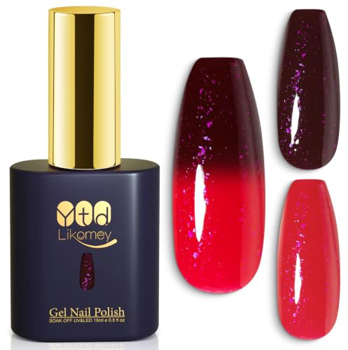 YTD Likomey UV Gel-lack Nagellack,15ml Röd Vinröd Glitter Temperaturfärg Gel Nagellack,Färgskiftande Manikyr Alla hjärtans dag Gel Polish,Kameleontfärg Gellack