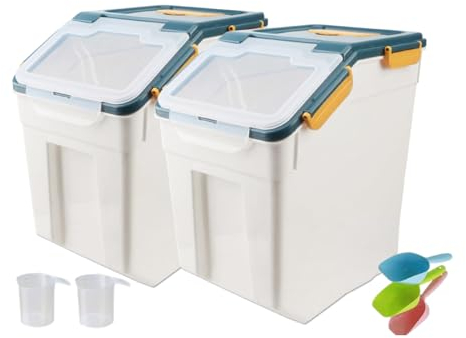 Qiveno Lot de 2 boîtes de rangement pour riz avec tasse à mesurer de 22,7 kg – Conteneurs de stockage de farine avec roulettes – Sans BPA – Pour aliments secs et sucre, céréales (bleu)