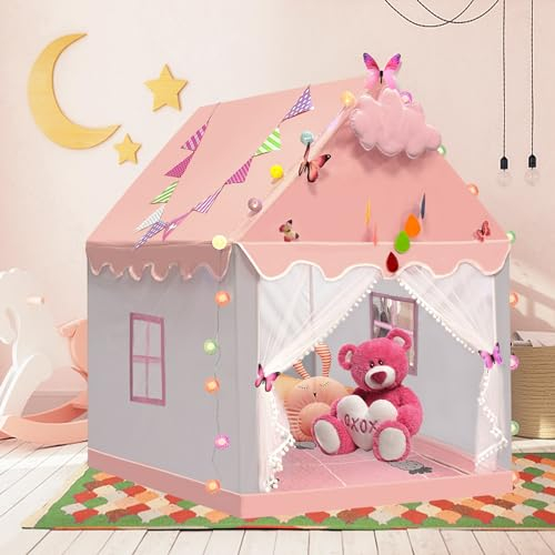 Tienda de Campaña Infantil, Tienda de Niños Interior con Colchoneta Acolchada & Luces & Bandera 130x120x100cm Tienda de Princesa para Niñas (Rosa & Gris)