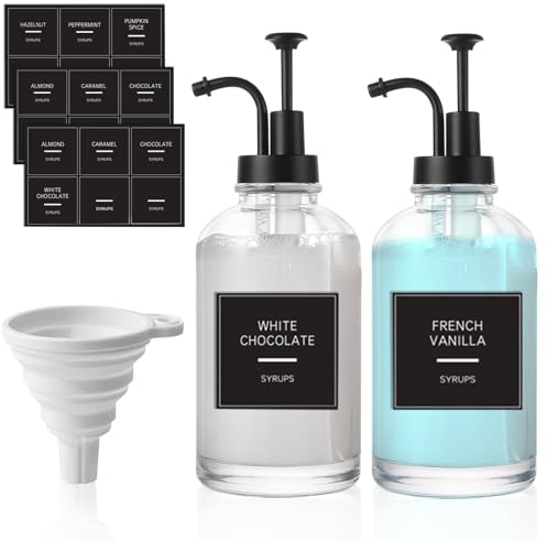 YIDM Lot de 2 distributeurs de sirop de café en verre - Distributeur à pompe pour accessoires de bar à café - 500 ml - Avec 18 autocollants - Distributeur de sirop ffee - Pour dîner, café, bar - Noir