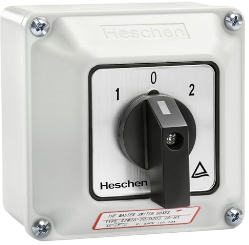 Heschen Large Box Rotary Cam Changeover Switch 20A ON-OFF-ON, 3 Position | SZW26-20/D202.2D-BX,Latching Bigger Box,1-0-2,2 Phase,8-Terminals 660V with sv2-3 fork connectors