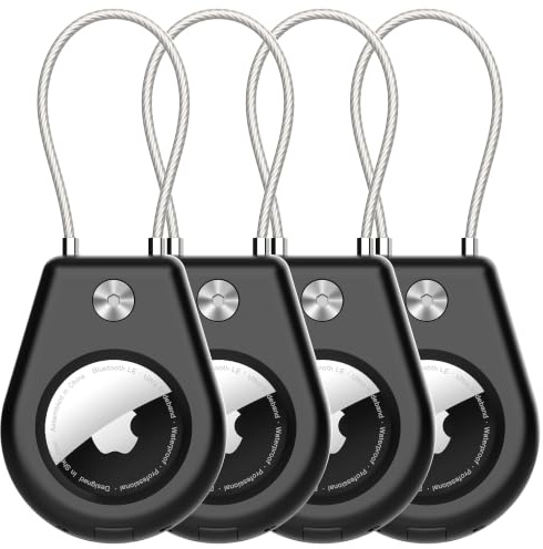 SkyArmor Säker AirTag-hållare med trådkabel, 4-pack Air-Tag-nyckelringshållare för nyckelring, nycklar, bagage, ryggsäck, stabilt skydd för Airtag-nyckelringar – svart, svart, Black/Black/Black/Black
