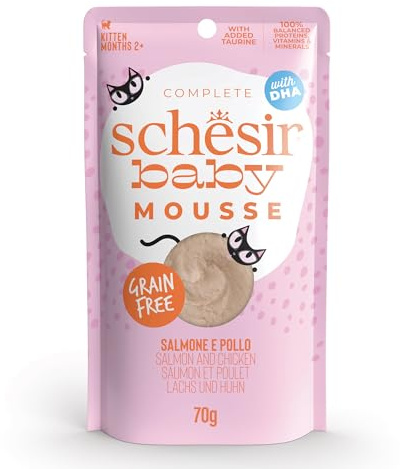 Schesir Baby, Filettini di Pollo con Salmone in Mousse, Alimento Umido Completo per Gattini, Grain Free, con DHA e Taurina, Fonte di Idratazione, 12 x 70 g