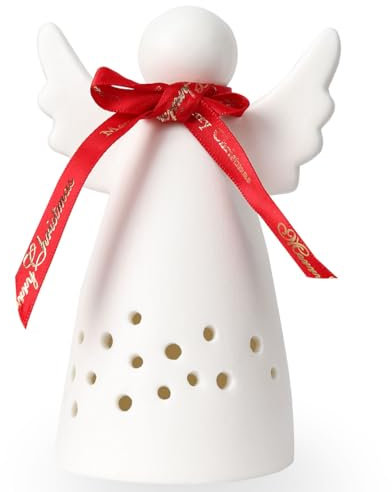 Yeerockal Photophore Ange en Céramique Blanc Mat avec Lanterne LED de Noël Design Décoratif Piles LR44 Incluses