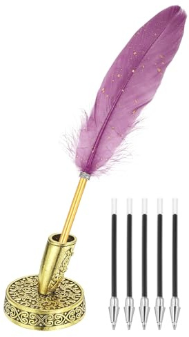 PATIKIL Bolígrafo de Pluma con Portapluma Metálico, Tinta Negro con 5 Recambios Vintage Plumón Bola Papelería Suministros para Oficina Hogar Fiesta Boda Decoración Regalo, Morado