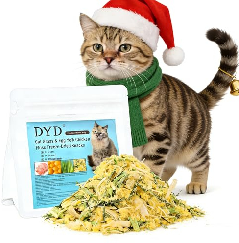DYD Freeze Dried Cat Grass Treats with Egg Yolk & Chicken - Healthy Cat Food Toppers for Hairball Control & Digestive Support, Natural Cat Snacks for Indoor Cats,65g