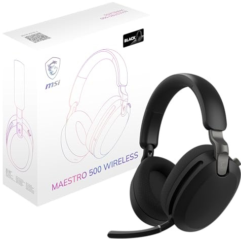 MSI MAESTRO 500 trådlöst svart headset, aktiv brusreducering, transparensläge, 2,4 GHz låglatens, Bluetooth 5.4, 3,5 mm trådbunden, 40 mm drivrutiner, infällbar flip-to-tyst mikrofon, 90+ timmars