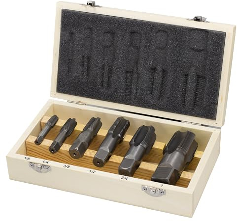 Drill America - DWTPT1/8-1SET 6 Piece NPT Pipe Tap, Carbon Steel, DWTPT Series Set, 1/8, 1/4, 3/8, 1/2, 3/4 and 1 in Wooden Case