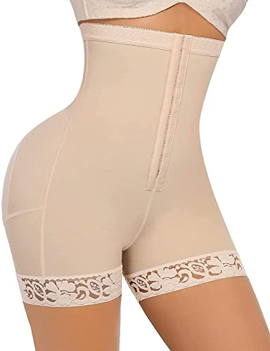 FeelinGirl Pantalón Moldeador de Cintura Alta Faja Reductora para Mujer Shapewear Lumbar con 1 Fila de Ganchos con Encaje Dobladillo Beige Cintura 66-72cm(S/Talla 36)