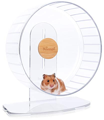 Niteangel Roues d'exercice Ultra-silencieuses pour Hamsters - Roues de Course silencieuses avec Support Ajustable pour Hamsters, gerbilles, Souris ou Autres Petits Animaux (Grand Format, Transparent)