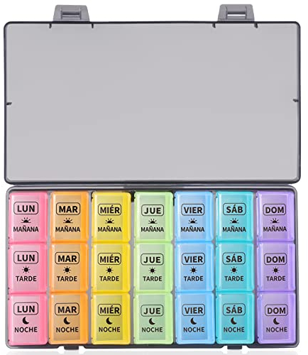 Opret Pastillero Semanal 3 Tomas Español, Pastillero Diario Grande 7 Dias, Dosificador de Comprimidos con 21 Compartimentos, Organizador de Pastillas para Viaje