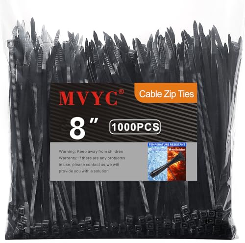 Mvyc Zip Ties, Heavy Duty Cable and Wire Ties with 50 Ibs Tensile Strength and UV Resistance, for Home, Office, Garden, Workshop, Black (8 Inch, 1000 Pack)