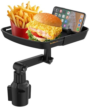 Twilight Garage Plateau porte-gobelet, plateau porte-gobelet de voiture, plateau de nourriture extensible réglable, support de téléphone antidérapant avec bras pivotant à 360° pour manger, essentiels